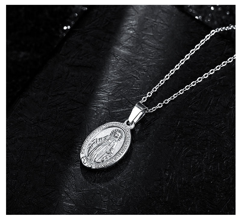 Virgin Mary Necklace  Religious Christian Jewelry Oval Medal Coin Pendant Necklace for Women Men