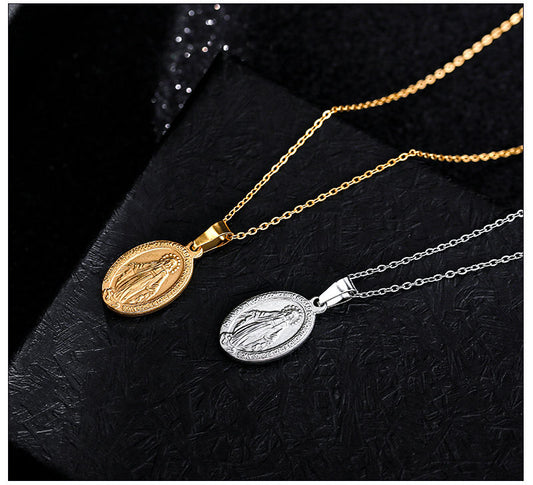 Virgin Mary Necklace  Religious Christian Jewelry Oval Medal Coin Pendant Necklace for Women Men