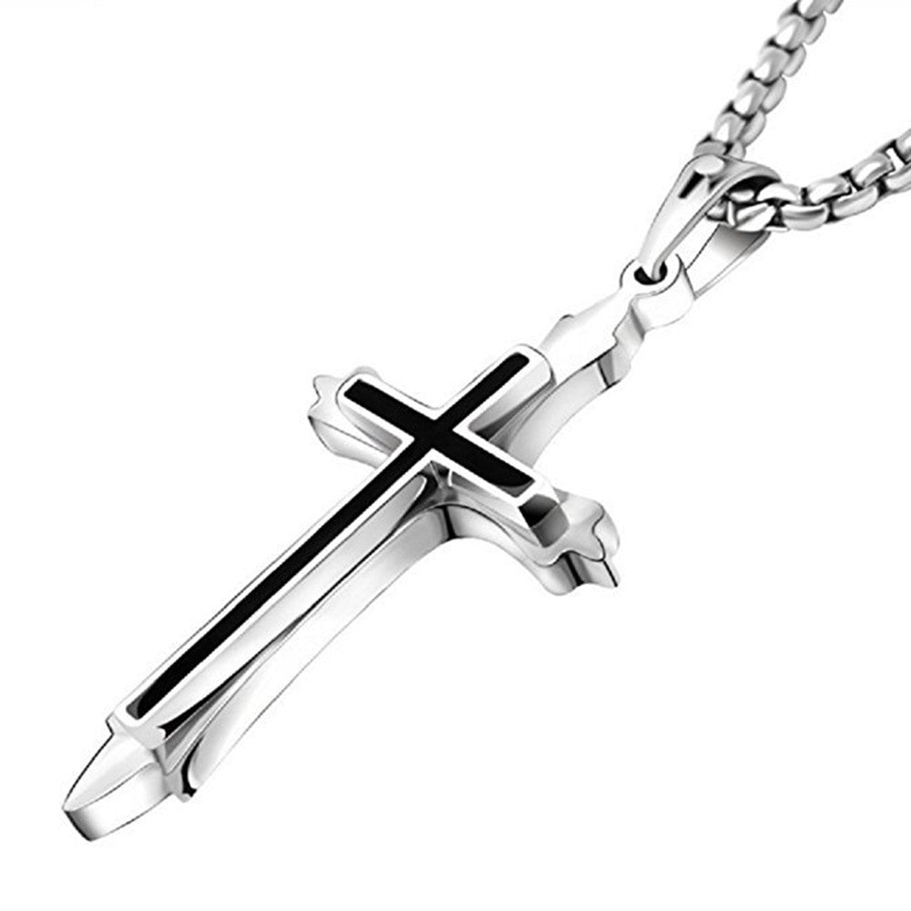 Polished Embossed Cross Pendant Men Necklace, 24"