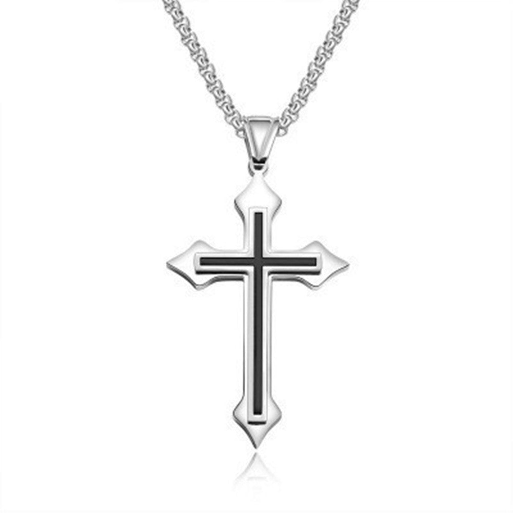 Polished Embossed Cross Pendant Men Necklace, 24"