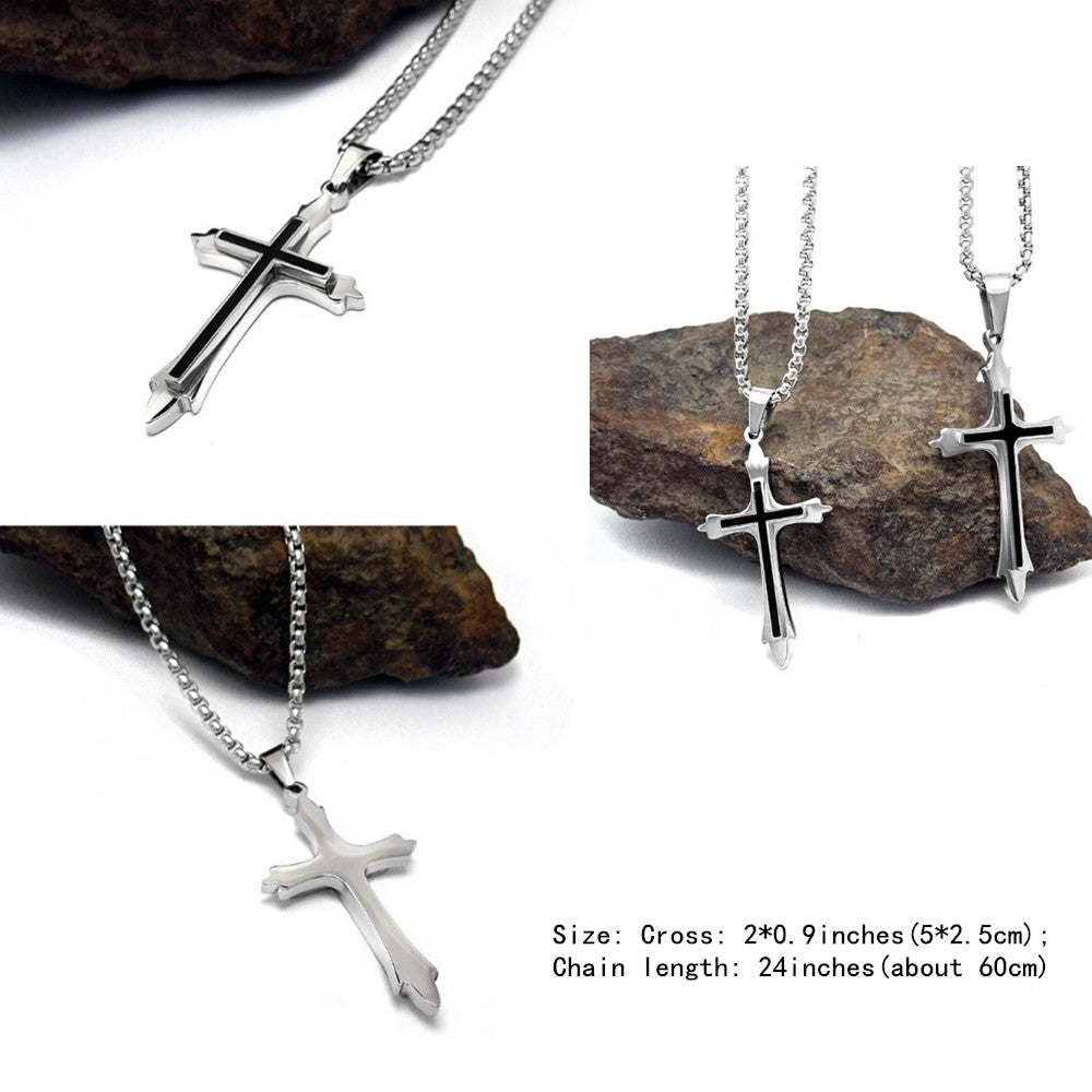 Polished Embossed Cross Pendant Men Necklace, 24"