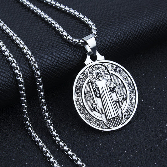 Saint Benedict Necklace , NR Cross ,Round Coin Antiqued Religious Protector Talisman Pendant