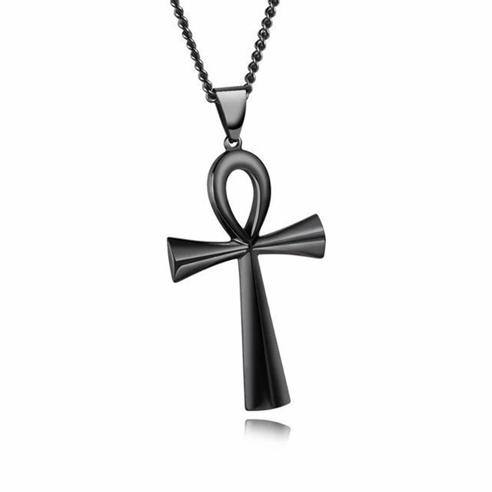 Men's Stainless Steel Coptic Ankh Cross Religious Pendant Necklace, 22+2" Rope Chain