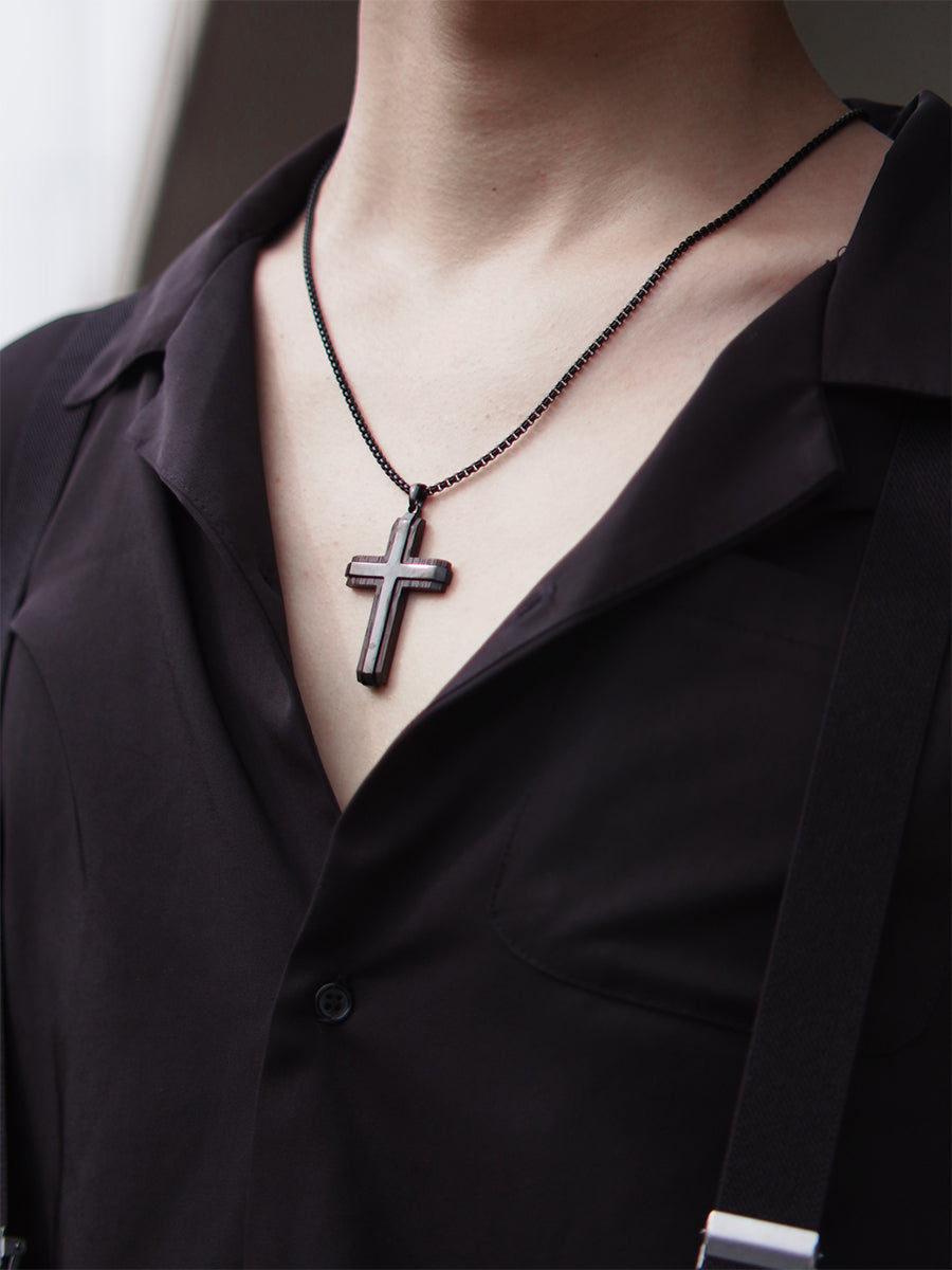 Real Santos Wood Cross Necklace Pendant Black 24 Stainless Steel Chain 