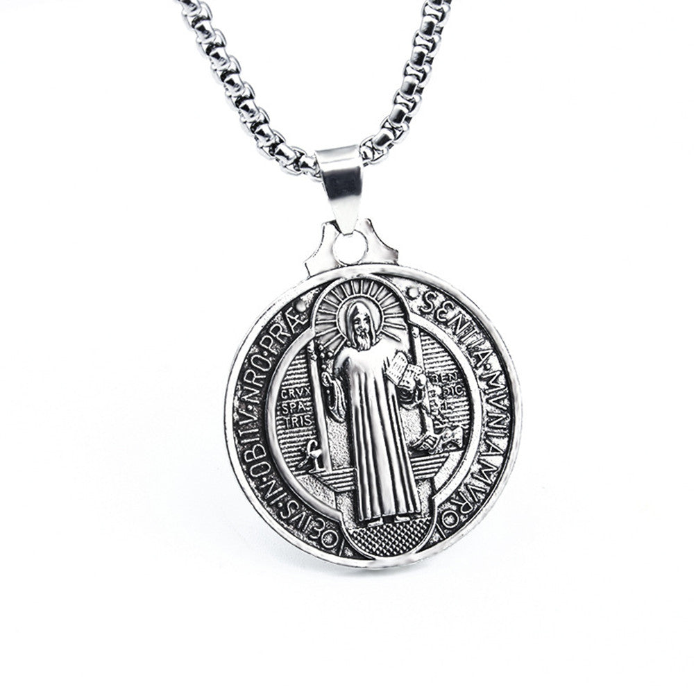 Saint Benedict Necklace , NR Cross ,Round Coin Antiqued Religious Protector Talisman Pendant