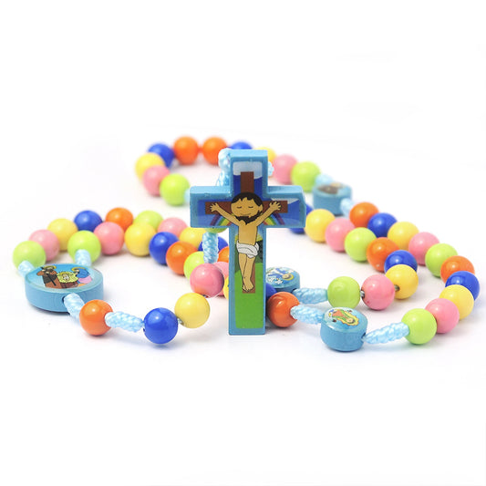 Multicolor wood Beads Saint Prayer with Nativity Centerpiece Cord Rosary for Kids