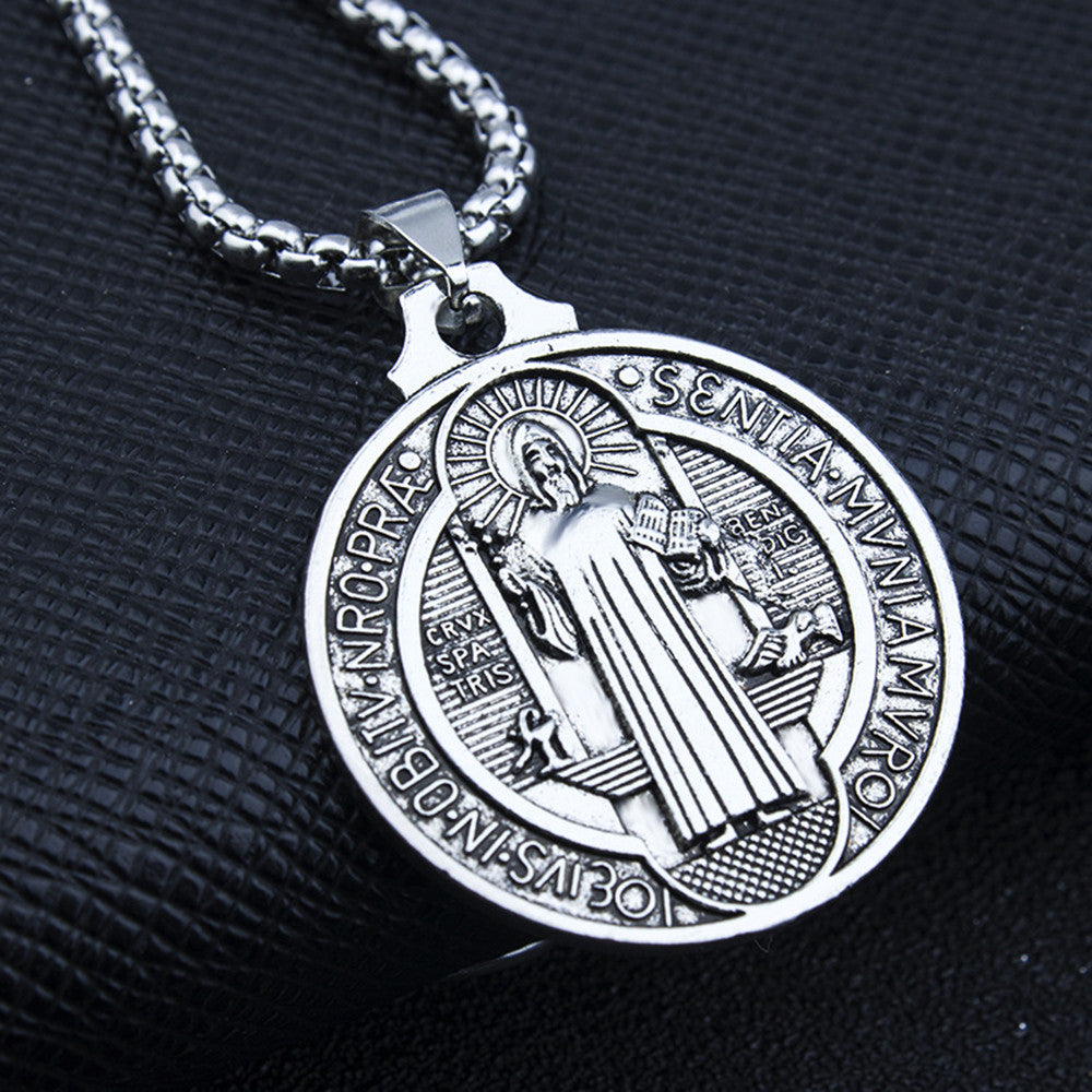 Saint Benedict Necklace , NR Cross ,Round Coin Antiqued Religious Protector Talisman Pendant