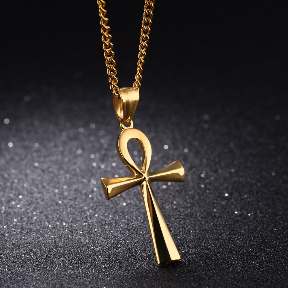 Men's Stainless Steel Coptic Ankh Cross Religious Pendant Necklace, 22+2" Rope Chain