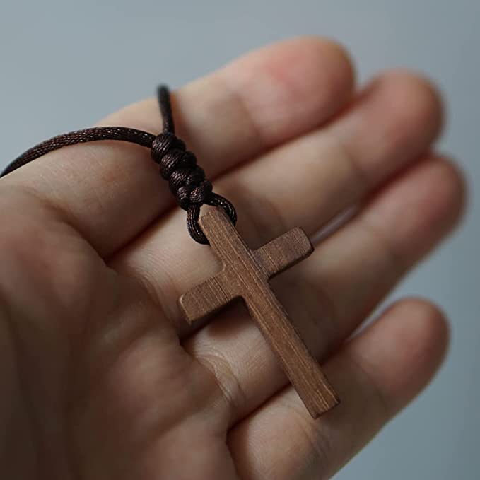 Natural Walnut Wood Cross Pendant Necklace for Men Women Boy Girl Children Kids Teens Gift Necklace Wooden Car Rearview Mirror Pendant