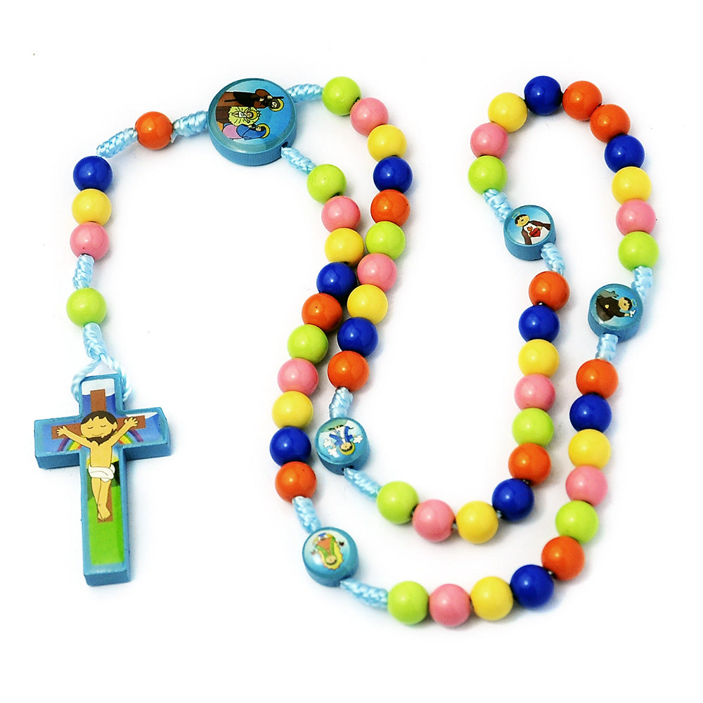 Multicolor wood Beads Saint Prayer with Nativity Centerpiece Cord Rosary for Kids