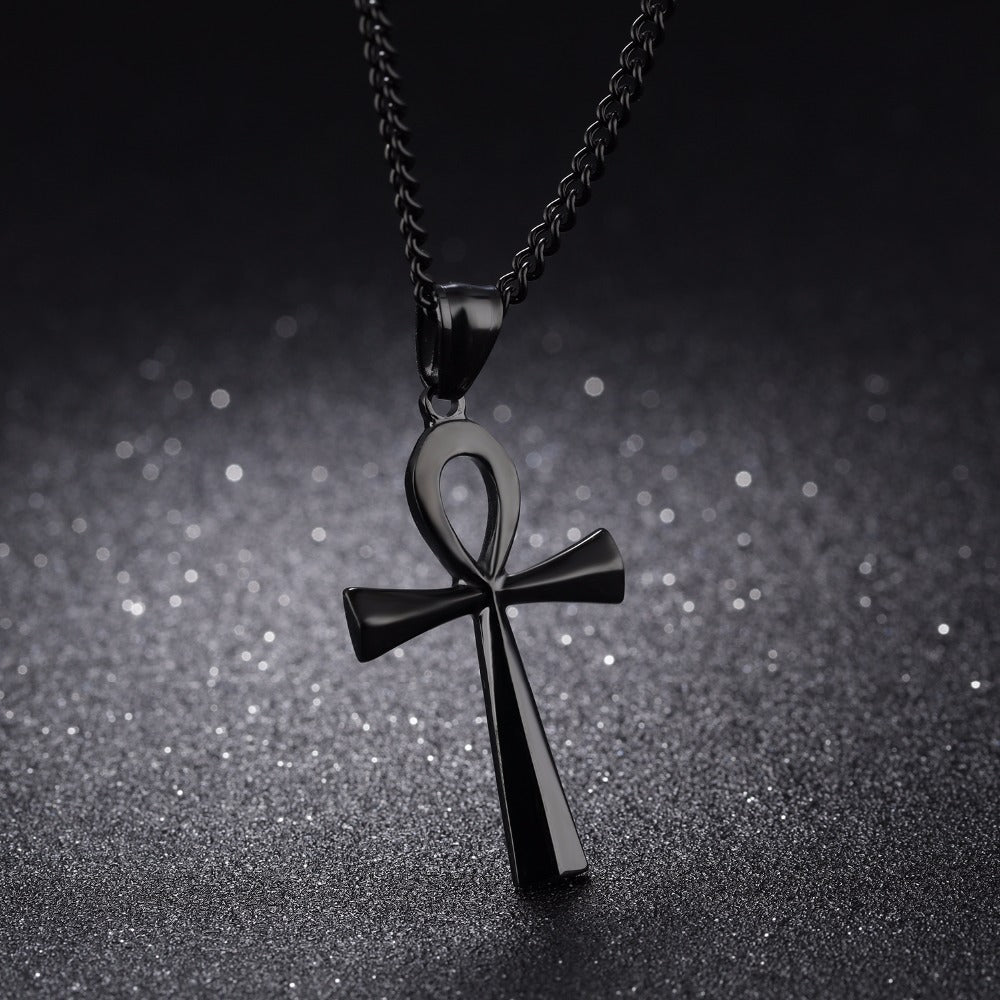 Men's Stainless Steel Coptic Ankh Cross Religious Pendant Necklace, 22+2" Rope Chain