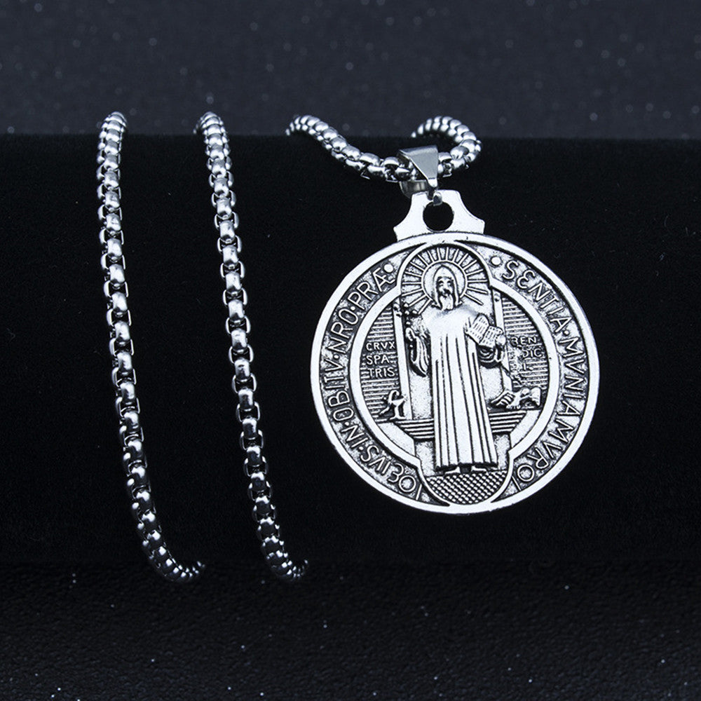 Saint Benedict Necklace , NR Cross ,Round Coin Antiqued Religious Protector Talisman Pendant