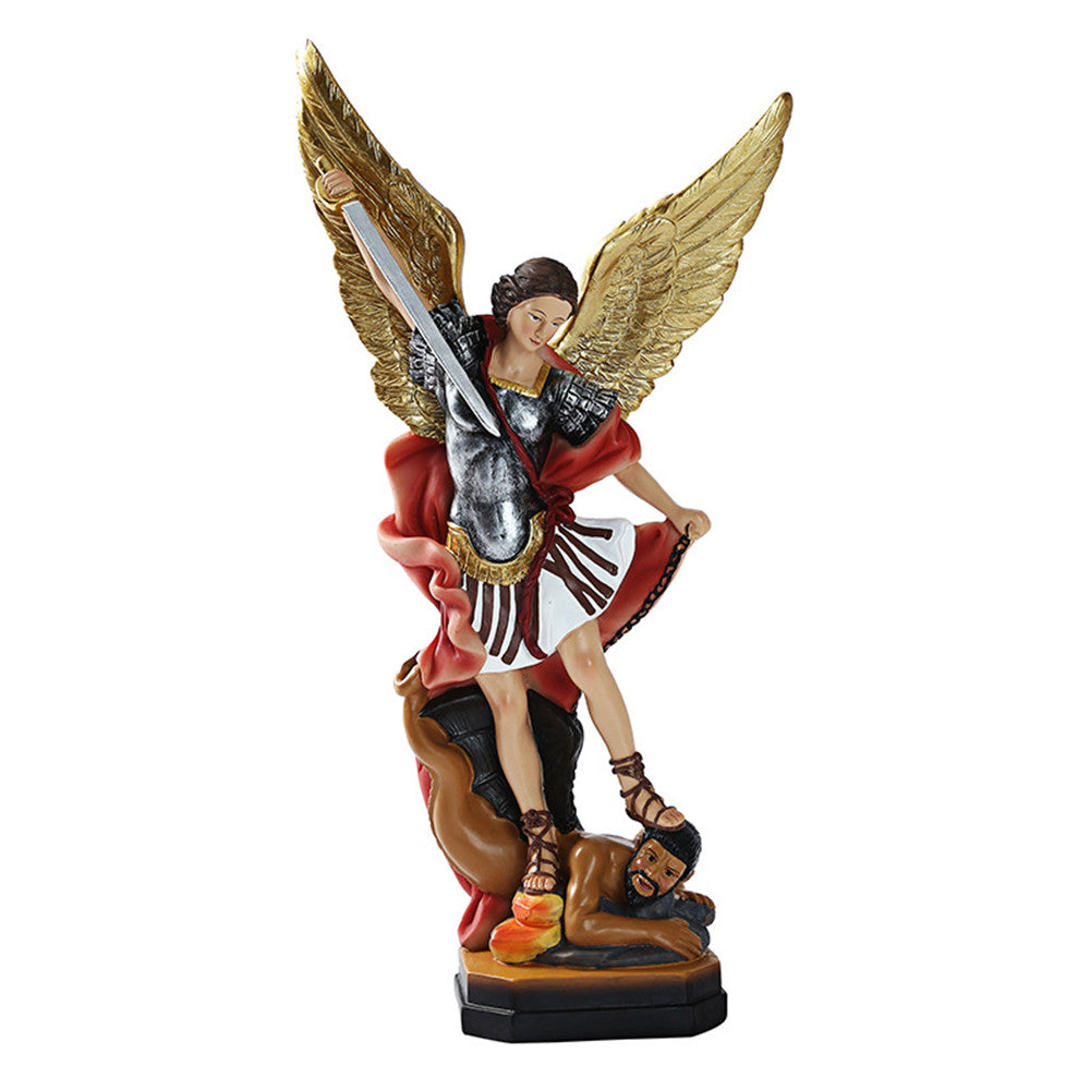 St Michael Statue, 8.7inch ，Archangel Michael Statue, San Miguel Arcangel Statue,Michael Archangel Defeated Lucifer Tramples Demon Statue, Religious Collectible Angel Sculpture (Gold Black)