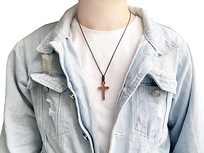 Natural Walnut Wood Cross Pendant Necklace for Men Women Boy Girl Children Kids Teens Gift Necklace Wooden Car Rearview Mirror Pendant