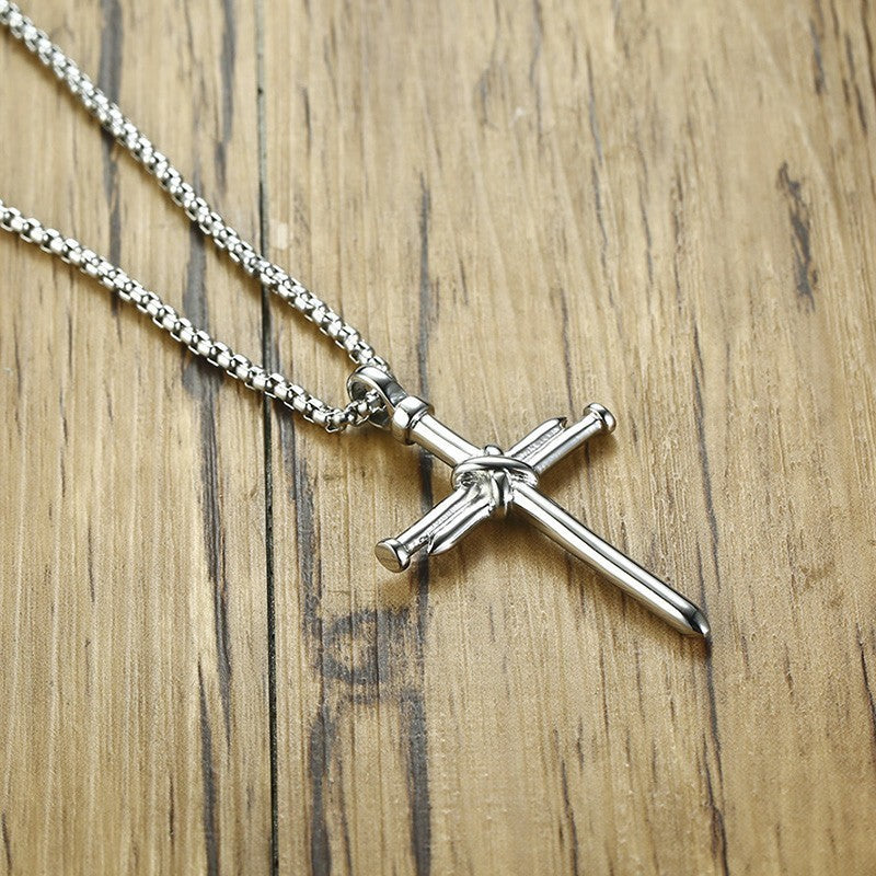 Men's Stainless Steel Nail Cross Pendant Necklace with 24 Inch Chain Polished Black Gold Silver