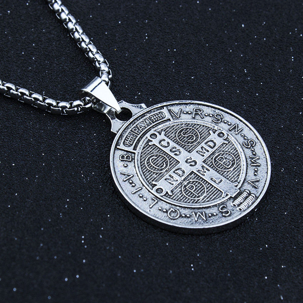 Saint Benedict Necklace , NR Cross ,Round Coin Antiqued Religious Protector Talisman Pendant