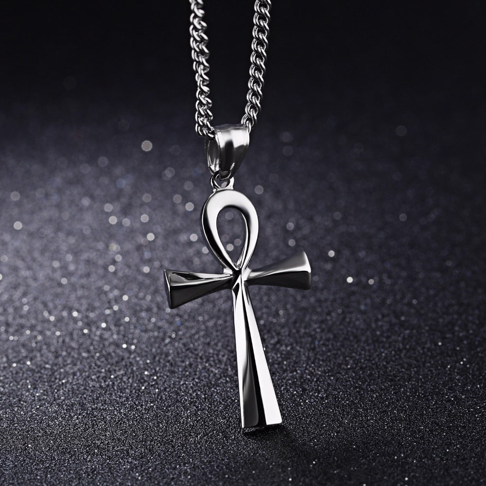 Men's Stainless Steel Coptic Ankh Cross Religious Pendant Necklace, 22+2" Rope Chain