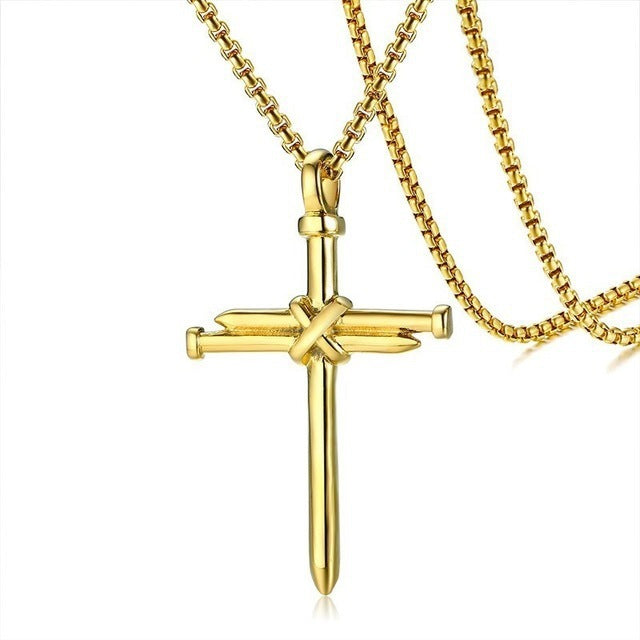 Men's Stainless Steel Nail Cross Pendant Necklace with 24 Inch Chain Polished Black Gold Silver