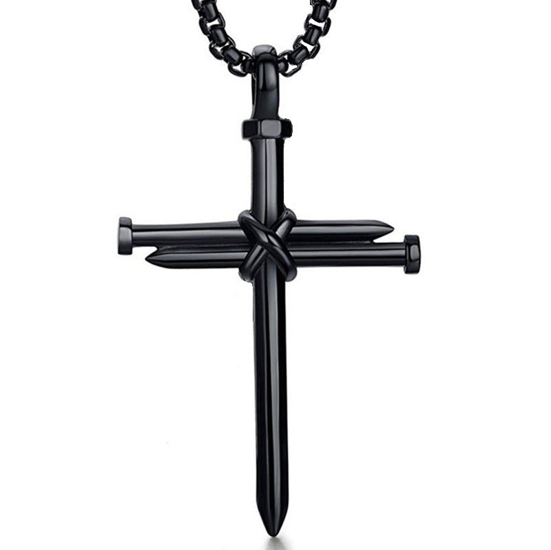 Men's Stainless Steel Nail Cross Pendant Necklace with 24 Inch Chain Polished Black Gold Silver